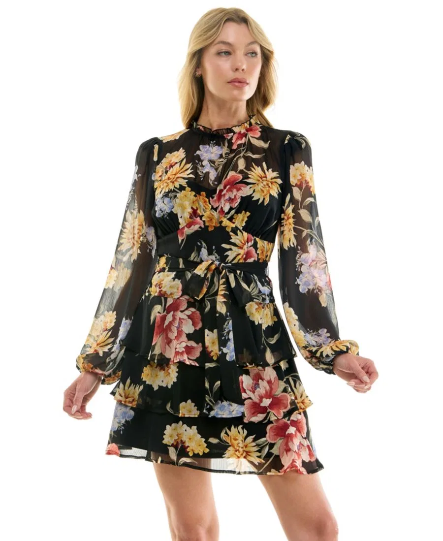 Платье с длинным рукавом и ярусной юбкой, модель Boat Neck Trixxi, Black Floral — фото 2