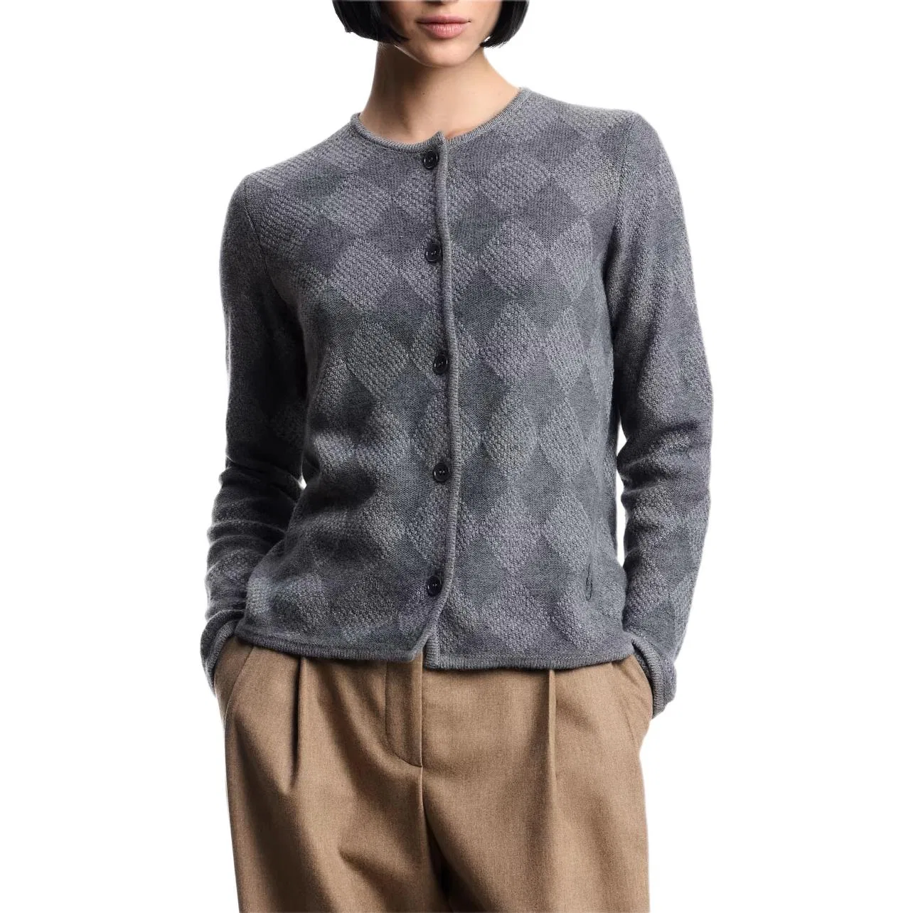 Женский кардиган с узором Icon Wool blend Cardigan With Plated Diamond Motif EMPORIO ARMANI, Gray — фото 2