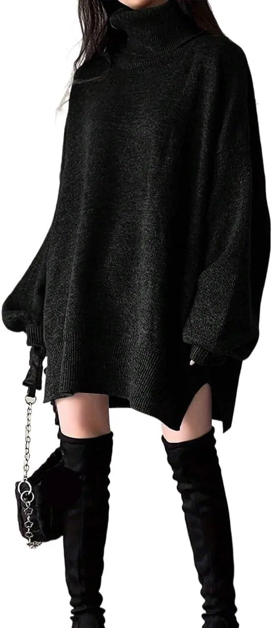 Женское короткое платье-свитер с высоким воротником, Black