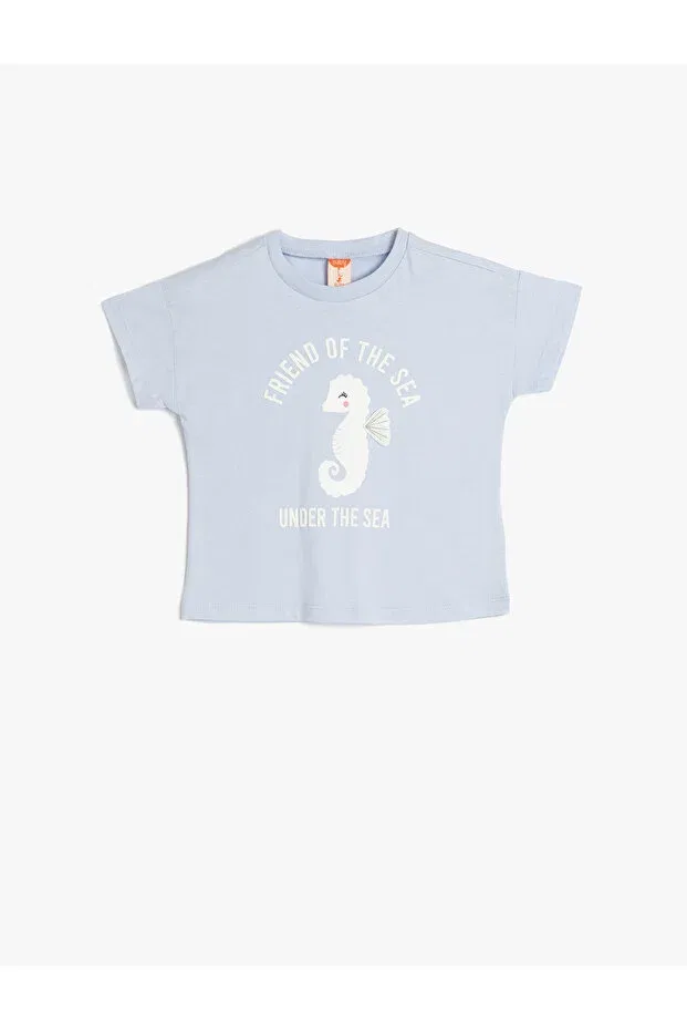 Детская футболка с принтом Cotton seahorse printed crew neck short sleeve t-shirt Koton, Blue