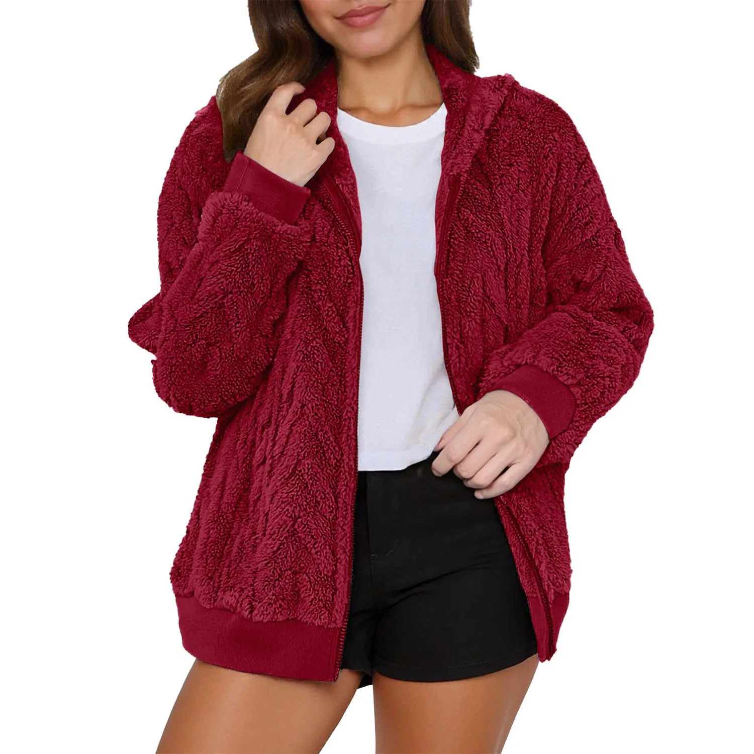 Женское пальто с капюшоном и молнией, на флисовой подкладке, Rosso
