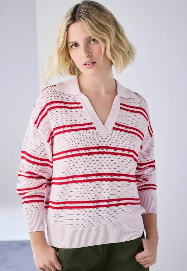 Джемпер с V-образным вырезом Regular Fit Stitch Long Sleeve Polo Jumper Next, Pink Red Stripe, красный/розовый — фото 2