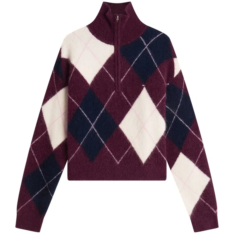 Женский свитер с принтом Stand Collar Moderate Other Tommy Hilfiger, Navy Blue Red White Plaid V11 — фото 3