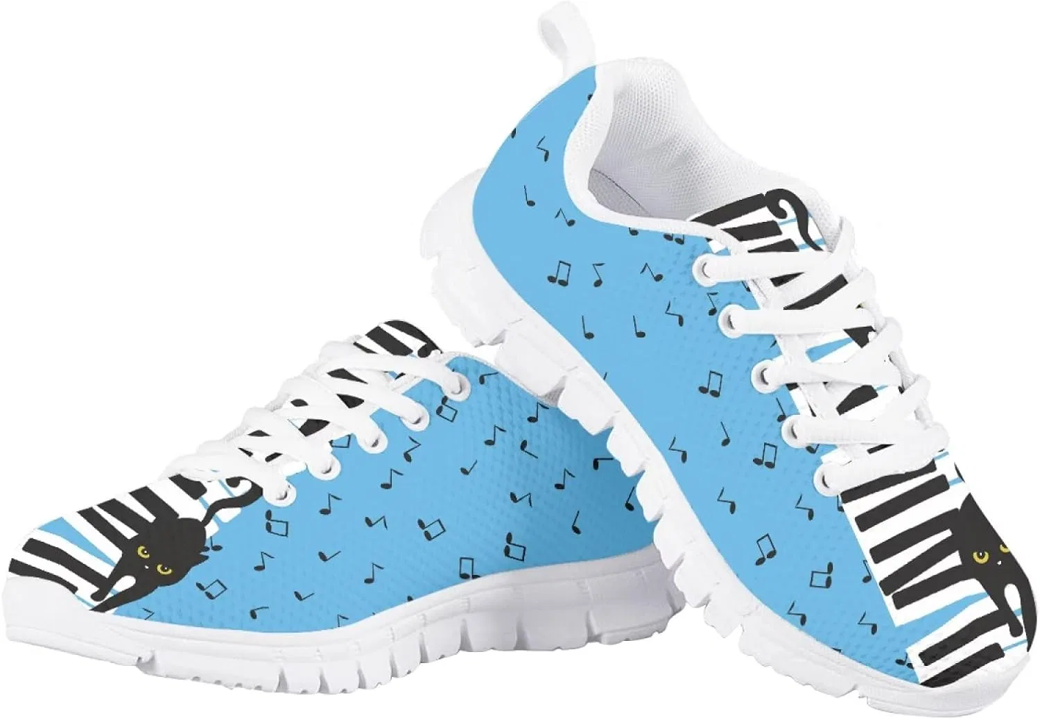 Детские кроссовки для девочек с принтом PinUp Angel Kids Cute Graphic Tennis Shoes Lightweight Lace Up Breathable Running Sneakers for Girl PinUp Angel, Musical Black Cat Blue — фото 2