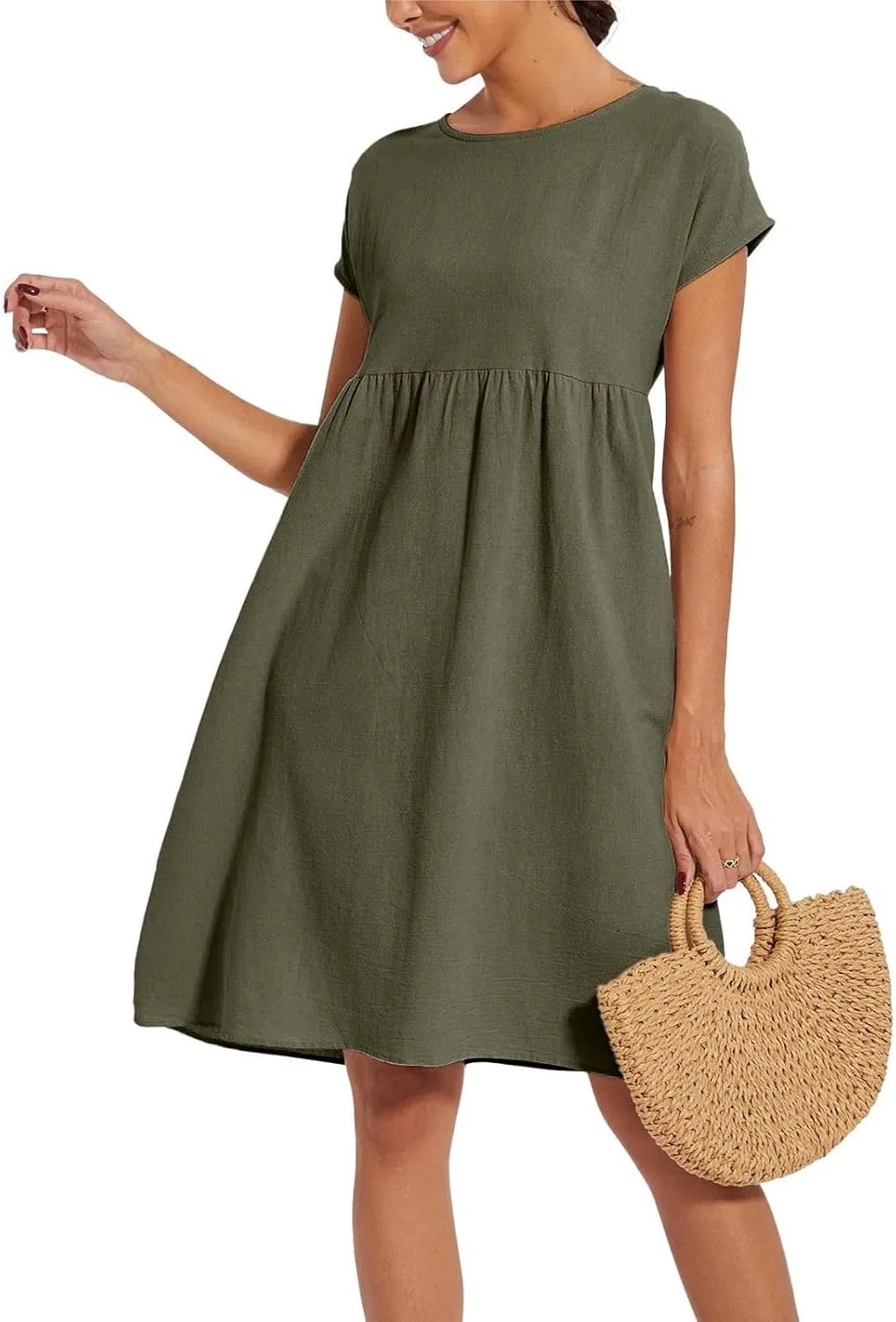 Женское льняное макси-платье с коротким рукавом casual, Green — фото 3