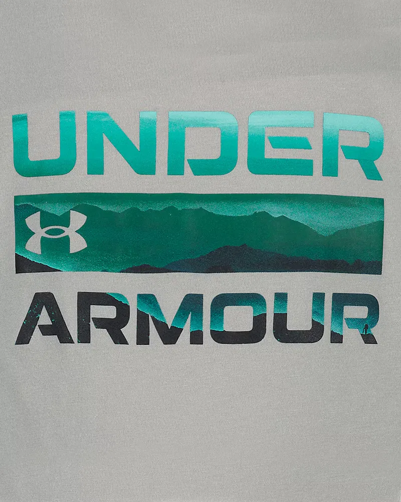Футболка детская из хлопковой смеси с принтом UA Stacked Logo UnderArmour, Titanium/Arden Green — фото 2