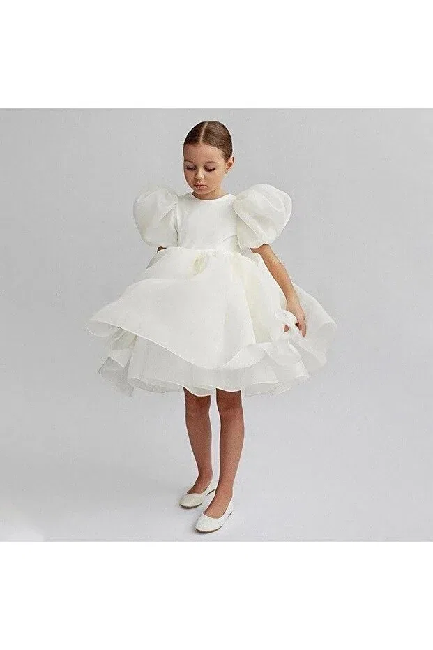Детское платье для девочек с коротким рукавом-фонарик Miço Kids, White