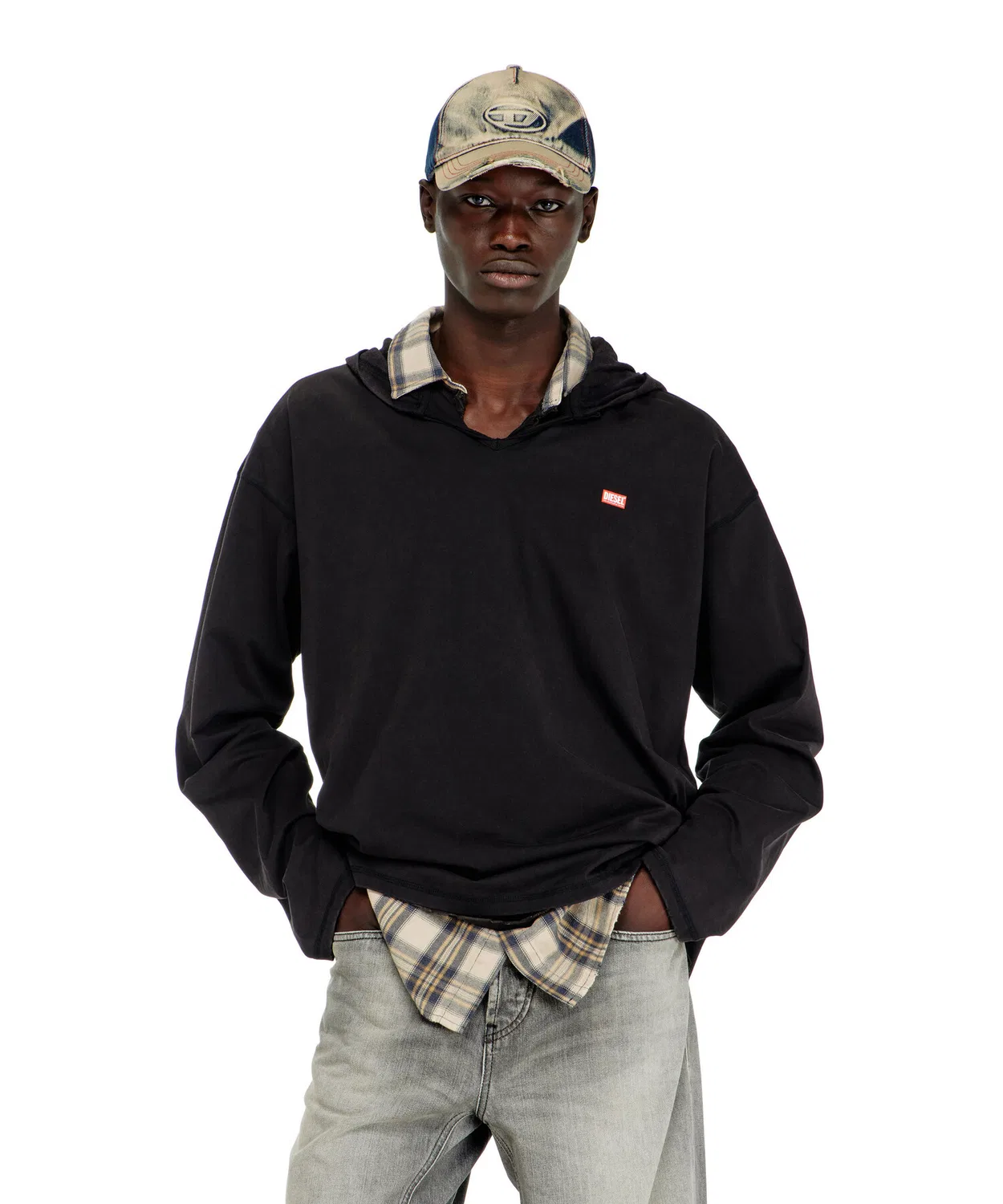 Мужская футболка с капюшоном и длинным рукавом T-BOXT-LS-HOOD-CHECK DIESEL, Black