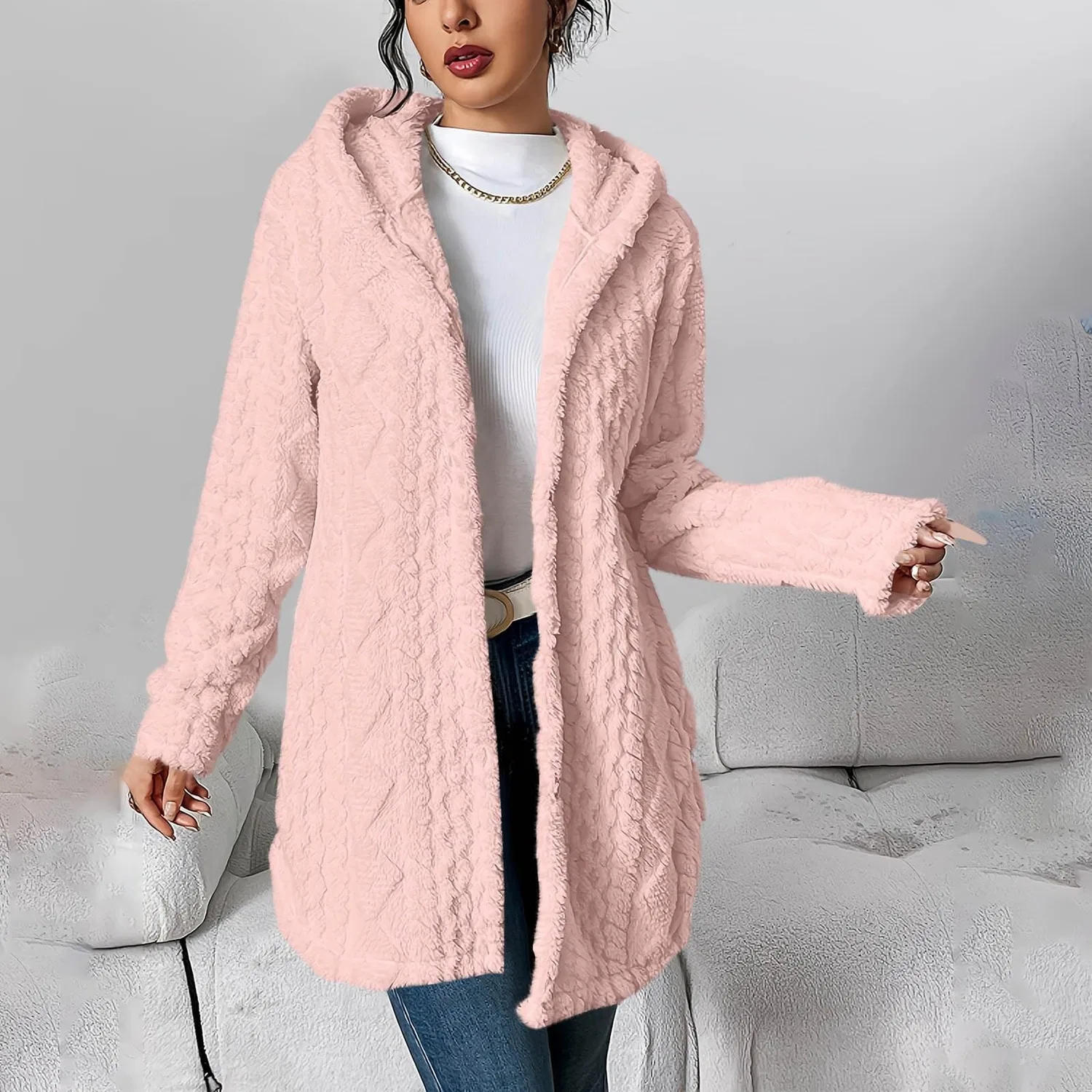 Женское флисовое пальто с капюшоном, свободного кроя, с принтом жаккард, rosa — фото 2