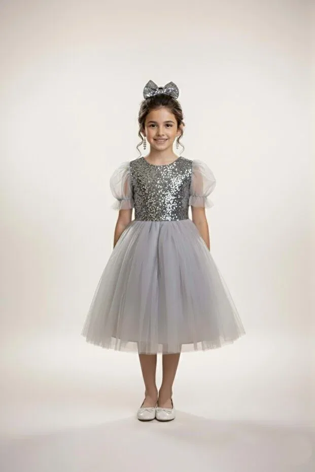 Детское платье для девочек с пайетками Balloon sleeve sequin girls tutu dress m00751 Mnk Baby&Kids, Gray