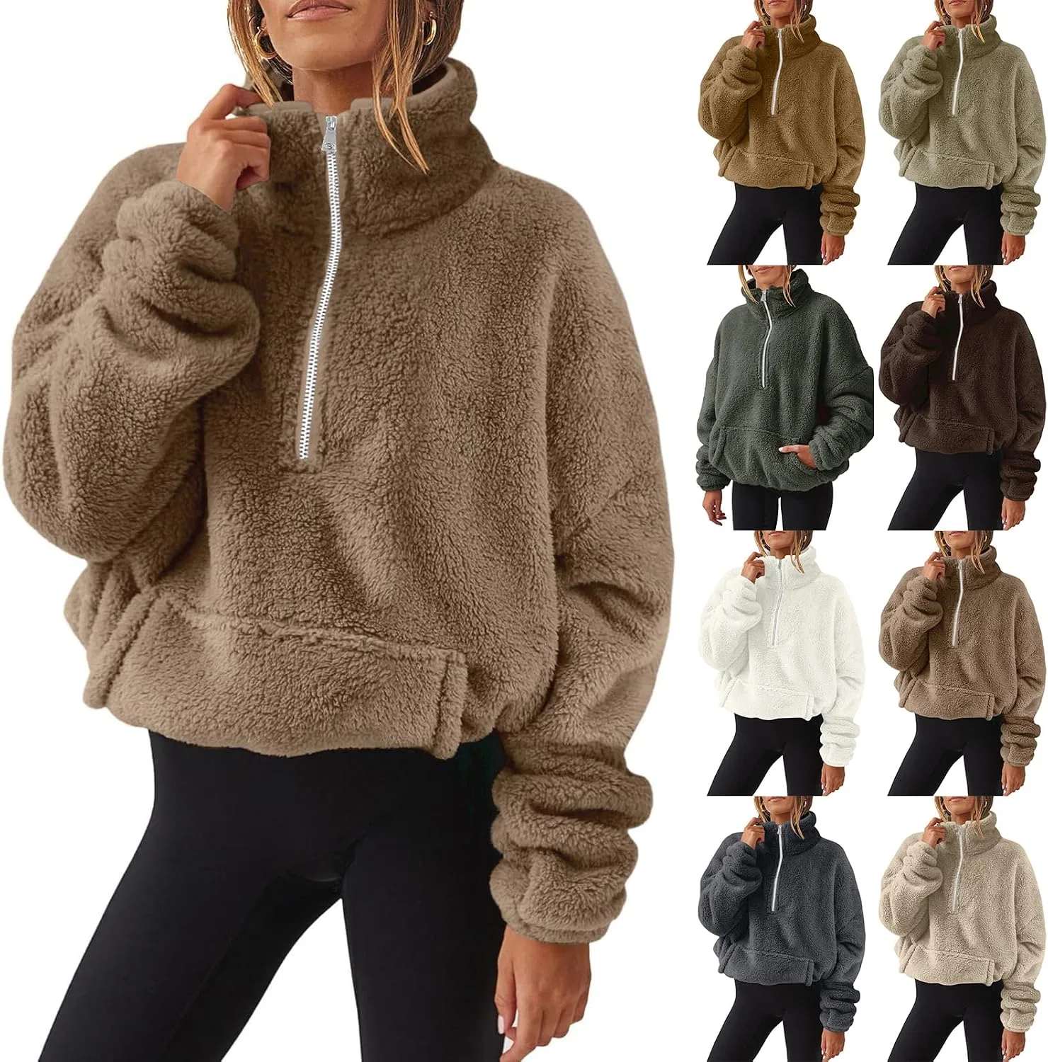 Женский флисовый пуловер с полузамком-молнией, Oversized, коричневый