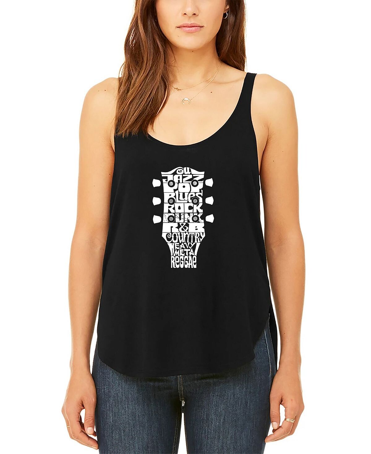 

Женская майка премиум-класса word art flowy guitar head music genres tank top LA Pop Art, черный