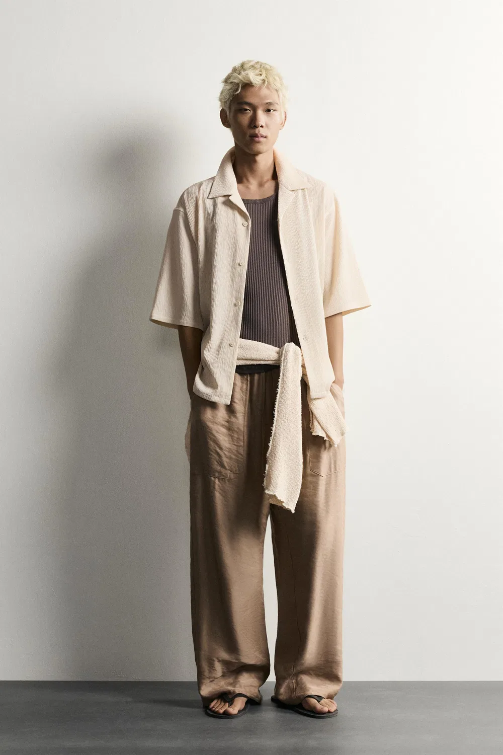 Текстурированная рубашка свободного кроя ZARA, Beige marl
