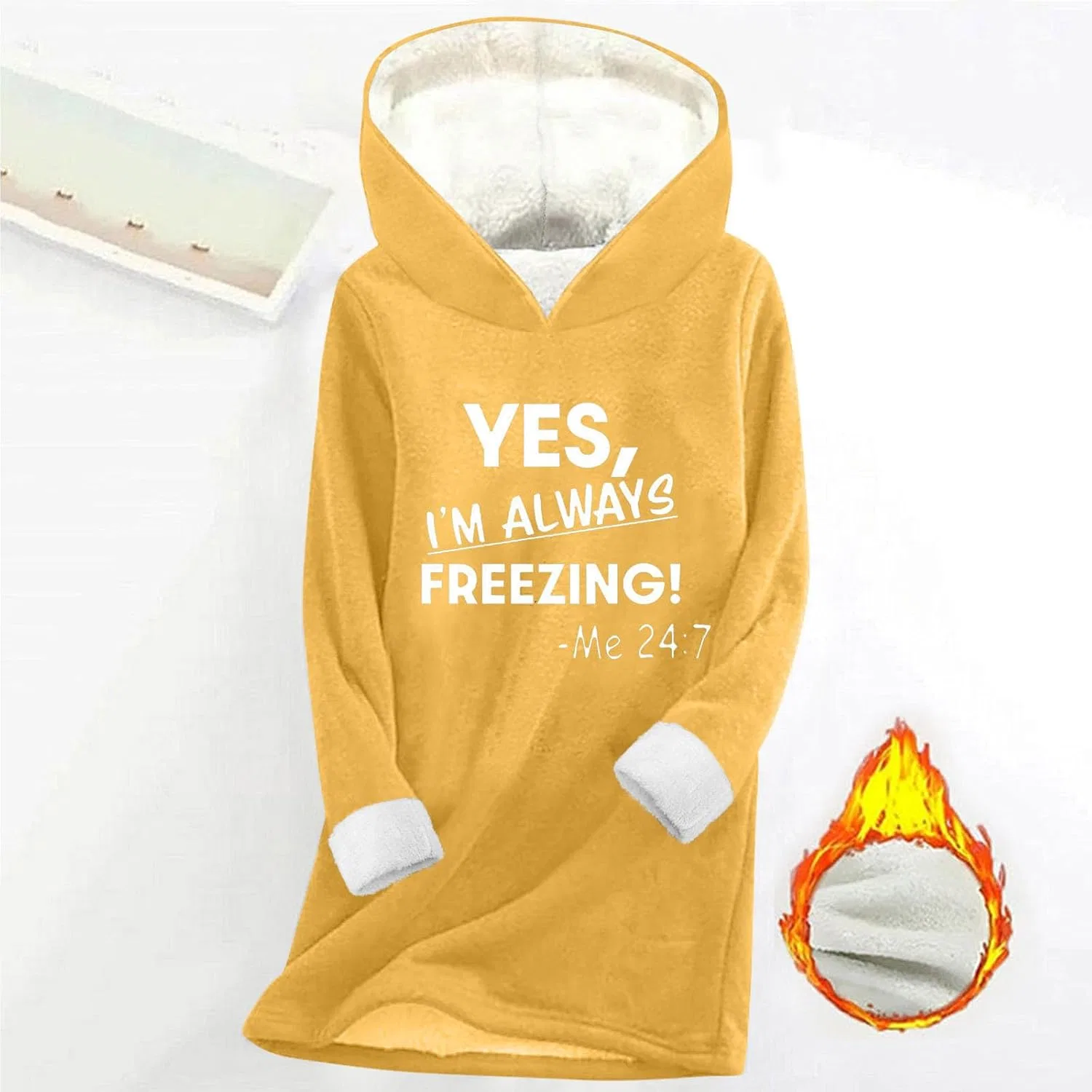 Женское худи с принтом Yes I'm Always Freezing Me 24:7, флисовое, жёлтый — фото 4