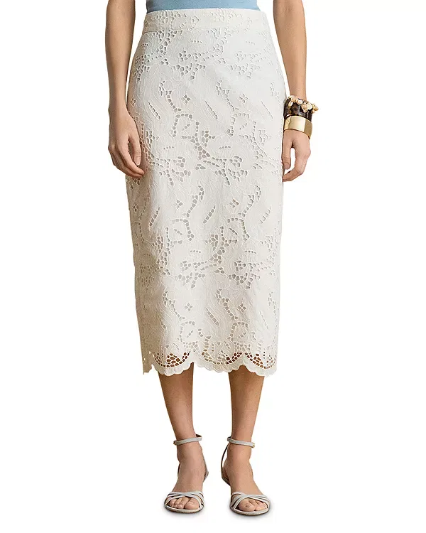 Женская юбка с вышивкой Paisley Eyelet Midi Pencil Skirt Ralph Lauren, белый