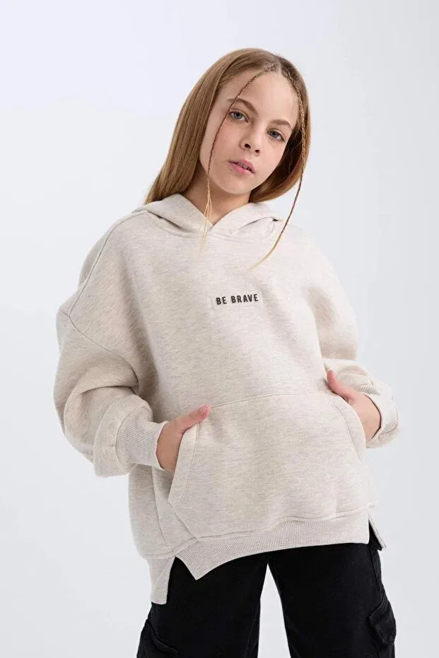 Детские свитшот для девочек оверсайз с принтом Defacto, Beige-Bg588 — фото 3