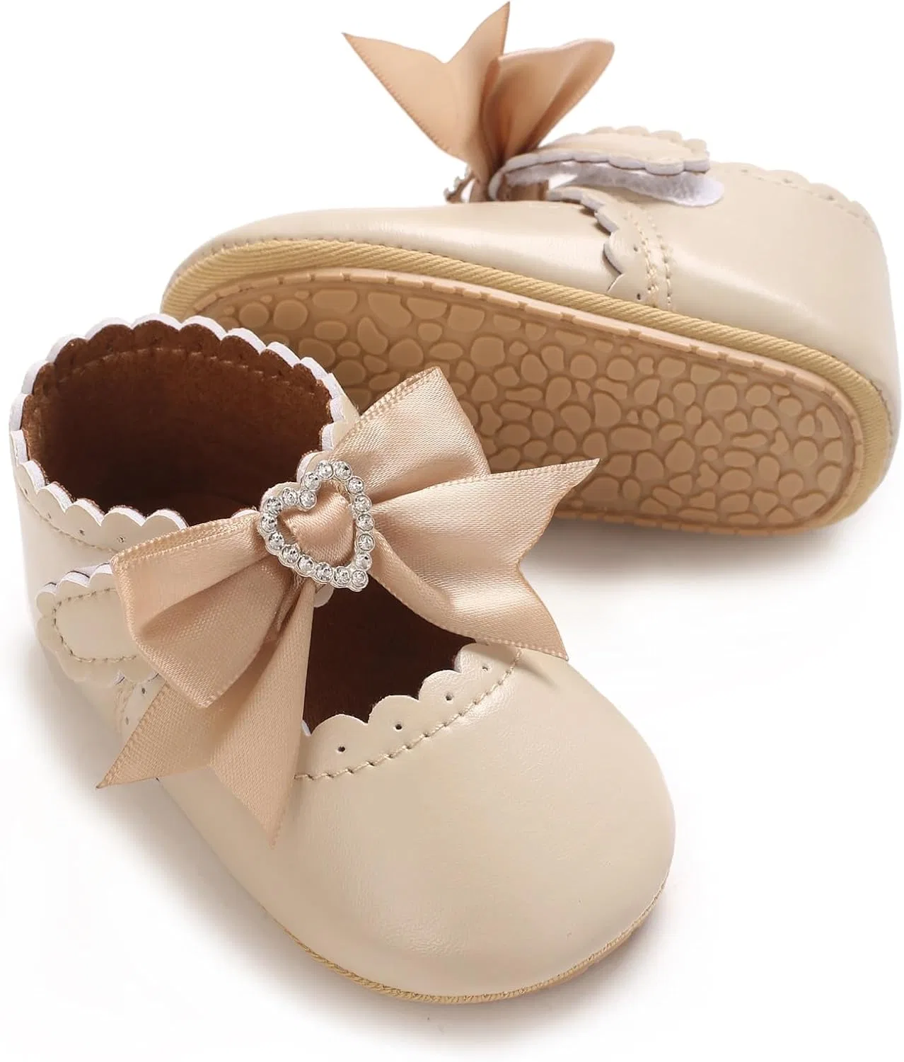 Детские туфли Мэри Джейн для девочек с принтом Rhinestone Heart Bow WaiHeikki, Khaki — фото 4