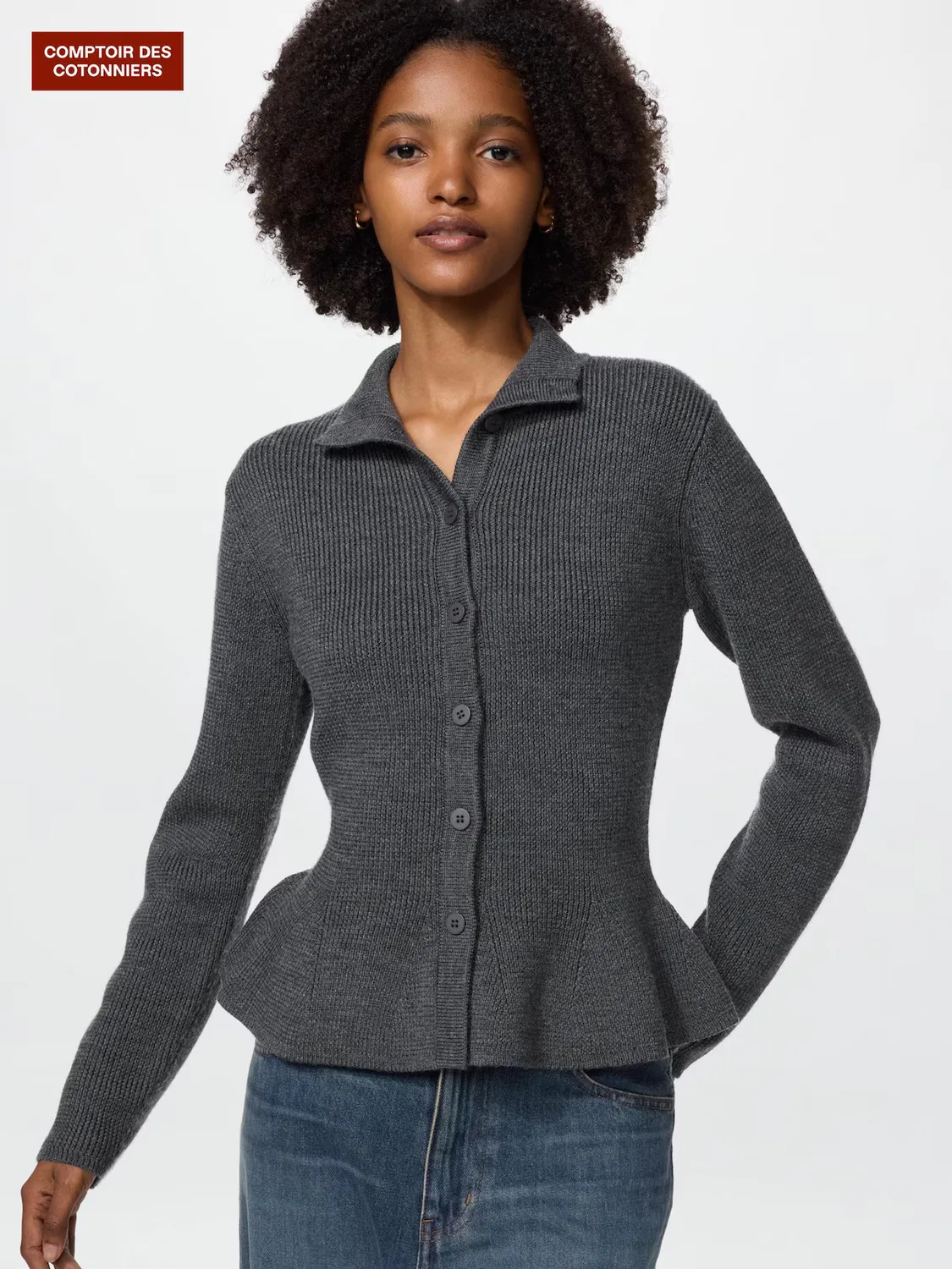 Кардиган Uniqlo, с баской из мериносовой шерсти, темно-серый