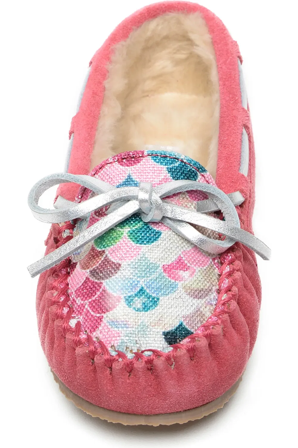 Детские тапочки на меху с шнуровкой Cassie Minnetonka, Mermaid Hot Pink — фото 3