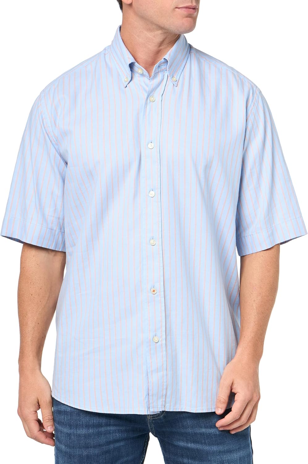 

BOSS Мужская свободная хлопковая рубашка с коротким рукавом на пуговицах, Chambray Blue Stripe