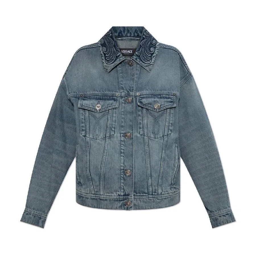 Женская джинсовая куртка-тракер с принтом Barocco Denim Trucker Jacket Versace, Medium Blue