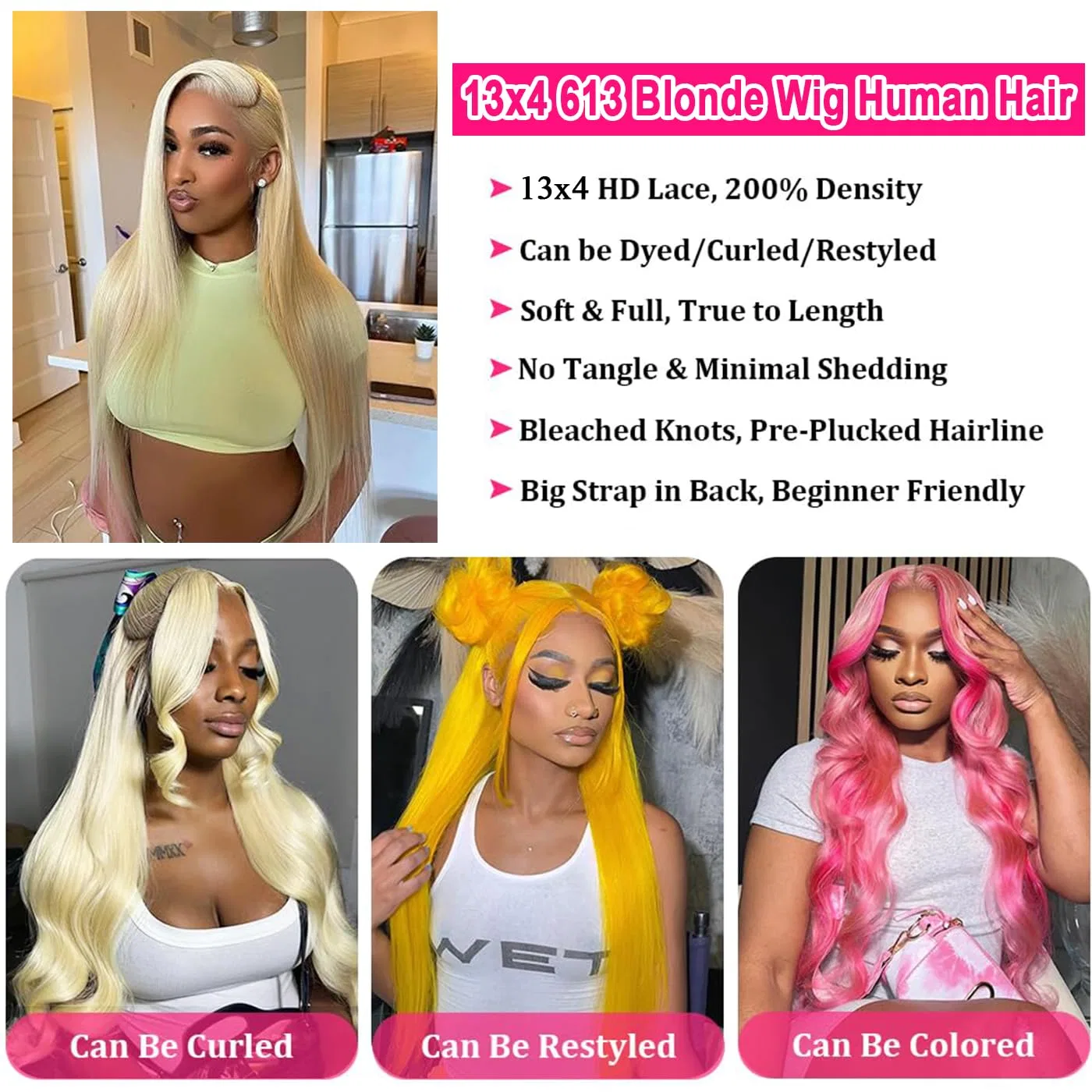 Прямой блонд парик 13x4 «613 Lace Front Wig» из натуральных человеческих волос с прозрачной кружевной передней частью, 20 дюймов Arenshxc, Blond — фото 2