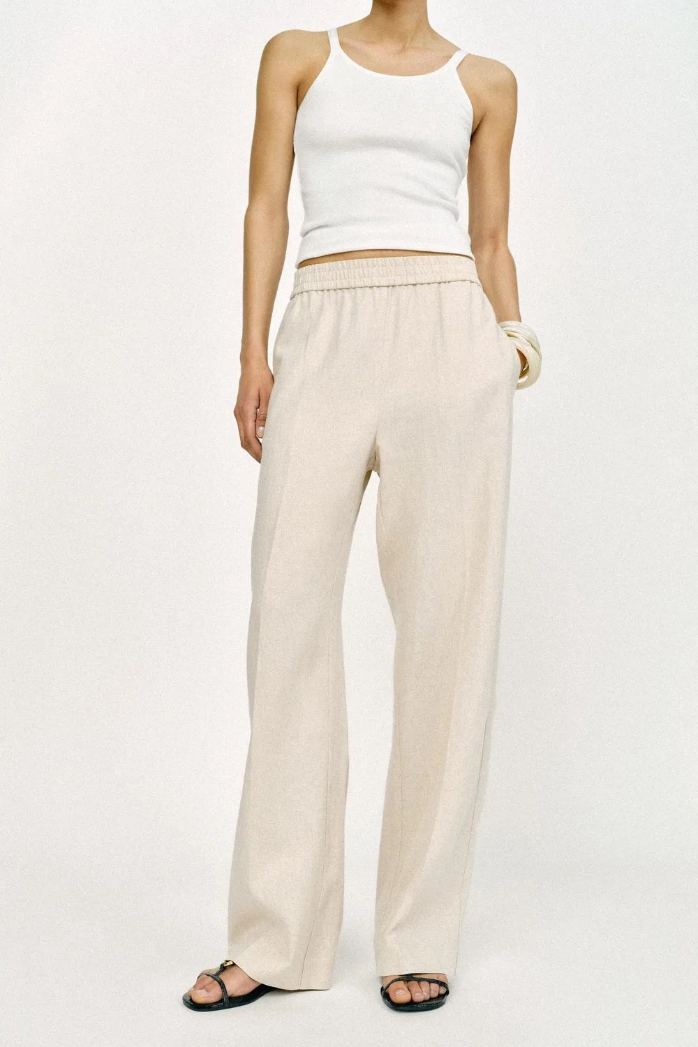 Прямые брюки из льна ZARA, Light Beige — фото 2
