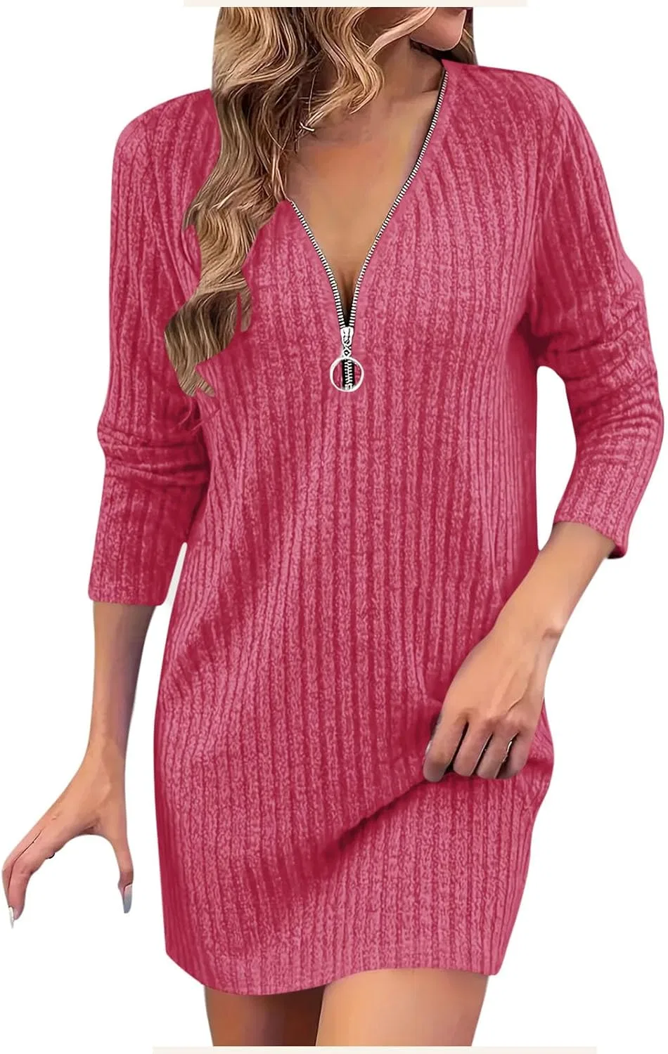 Женское платье-свитер с четверть-застежкой-молнией Ribbed Knit, Hot Pink