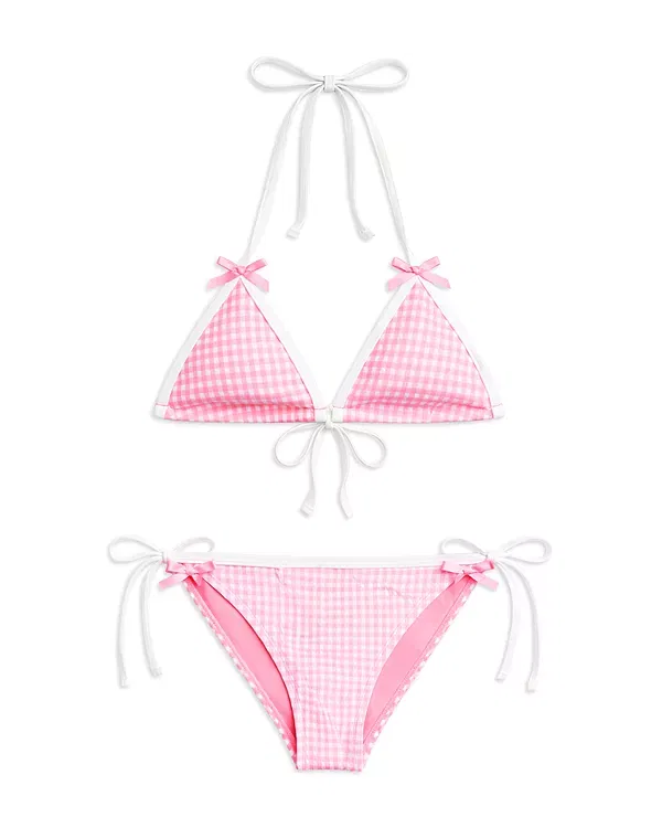 Детский купальник для девочек с бантами Коралловый гингем KatieJ NYC, Baby Pink
