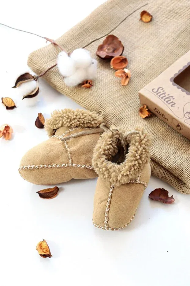 Детские пинетки из натуральной кожи Organic suede leather unisex baby booties natural baby booties with wool inside stl4220 Sitilin, Brown