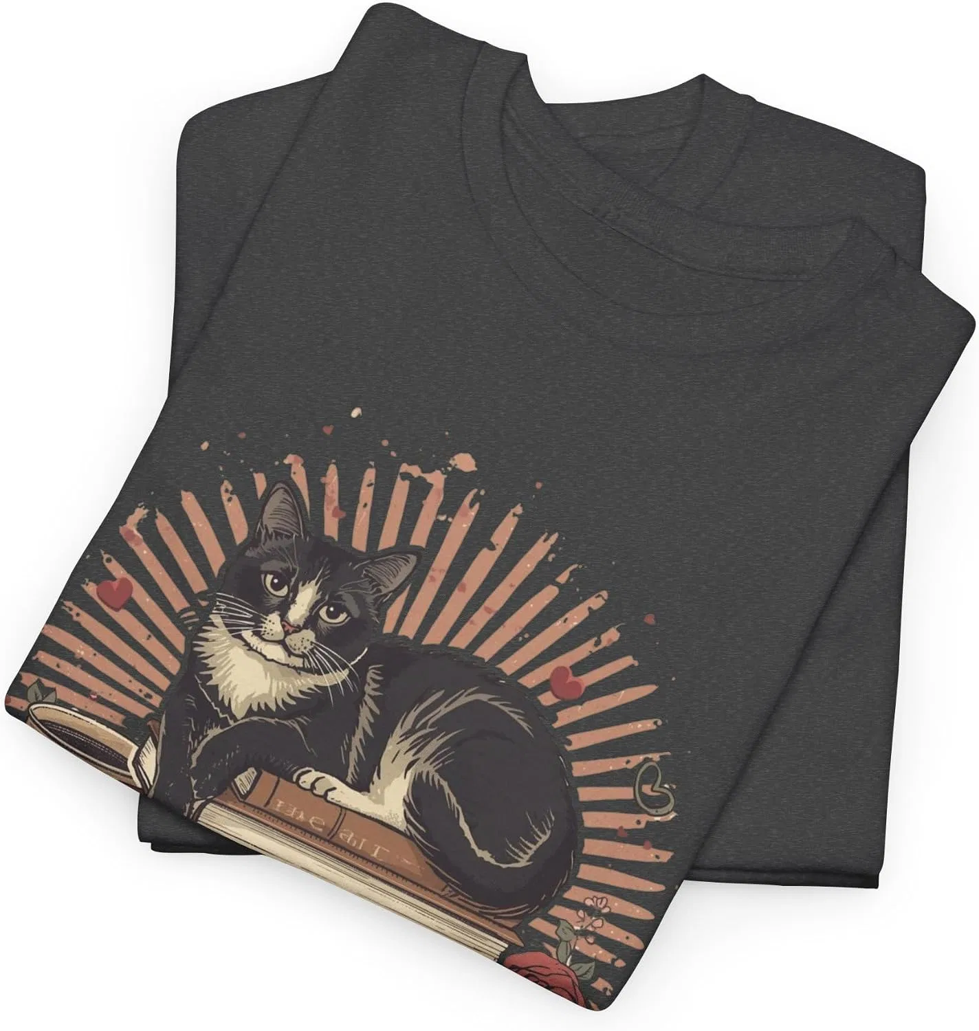 Женская футболка с принтом Purrfectly Booked Cat Stack of Books, тёмно-серый меланж — фото 3