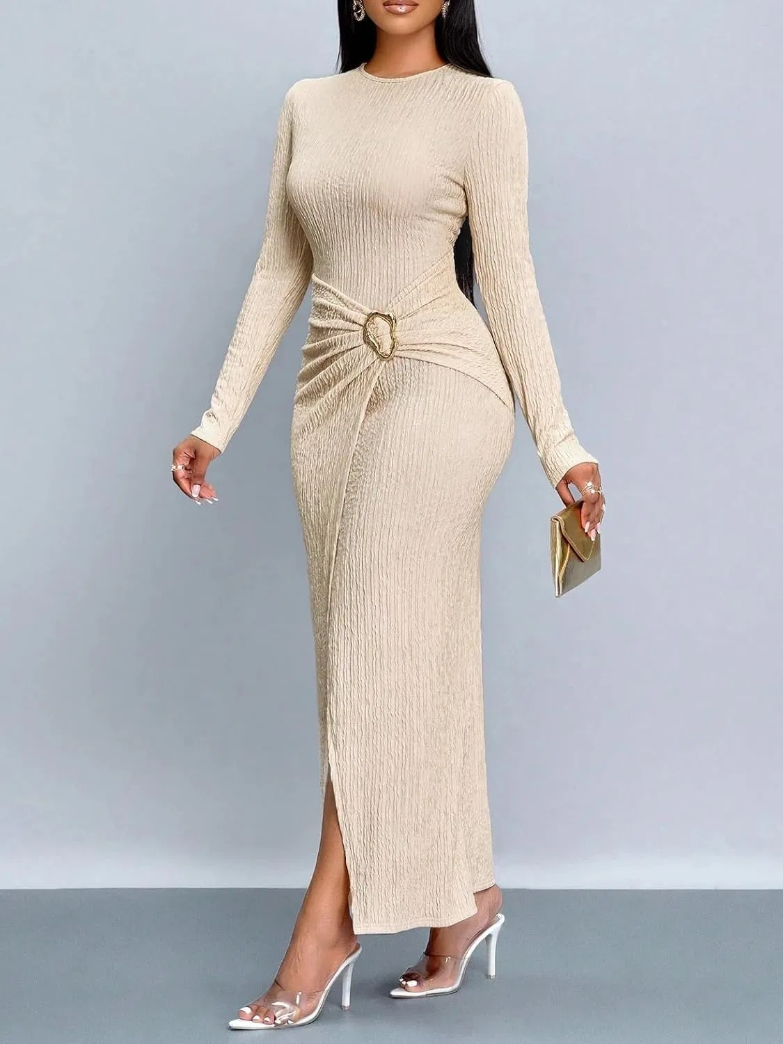 Женское длинное платье bodycon с вырезом на бедре Apricot — фото 4