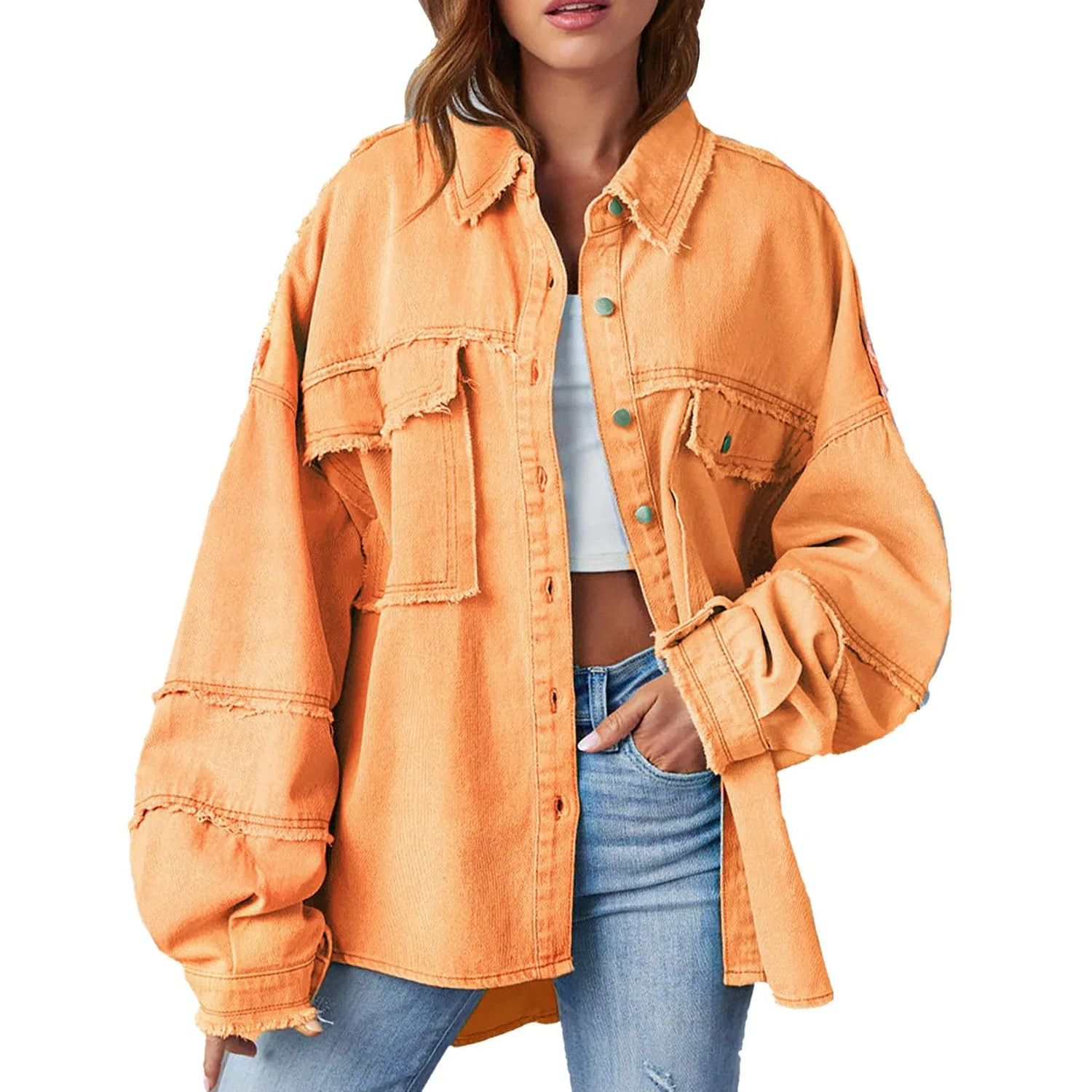 Женская джинсовая куртка оверсайз с нагрудным карманом, Orange 19