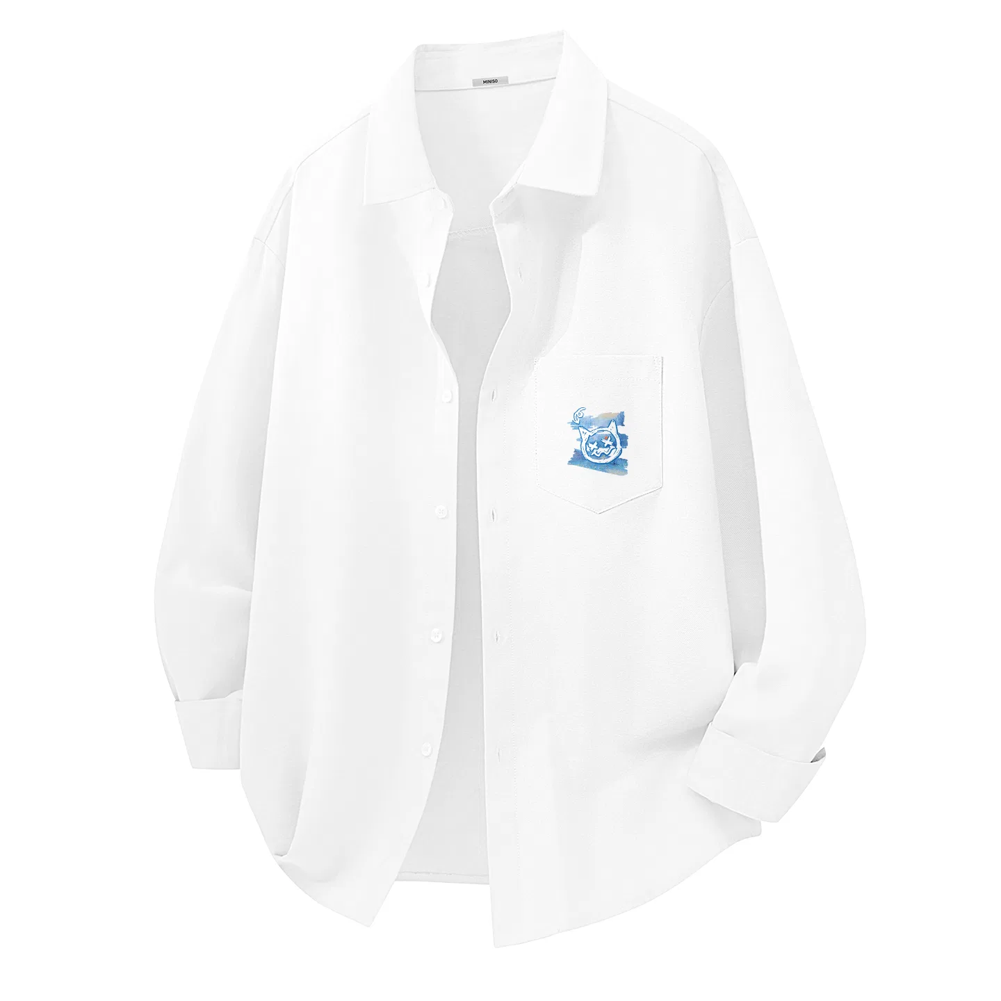 Детская рубашка с принтом Лацкан MINISO, Heavyweight Oxford White Graffiti Blue Bear Chest Logo