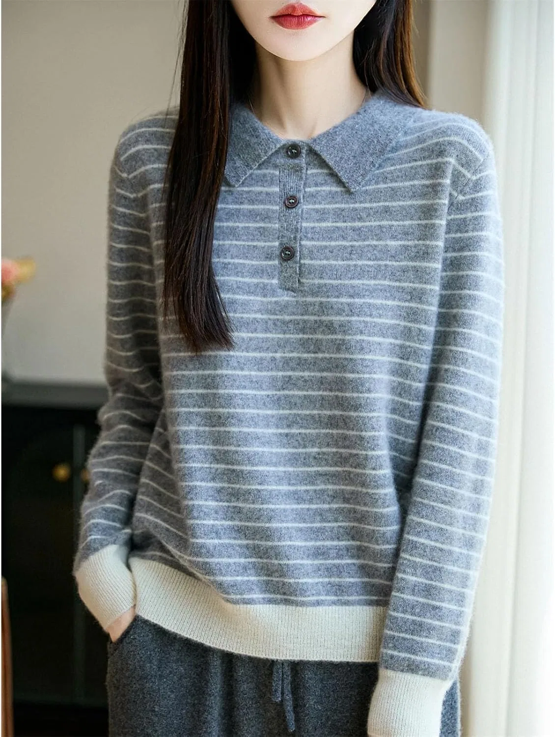 Женский пуловер с отложным воротником, полосатый, Merino Wool Sweater Polo Shirt Collar Striped Pullover, красный — фото 3