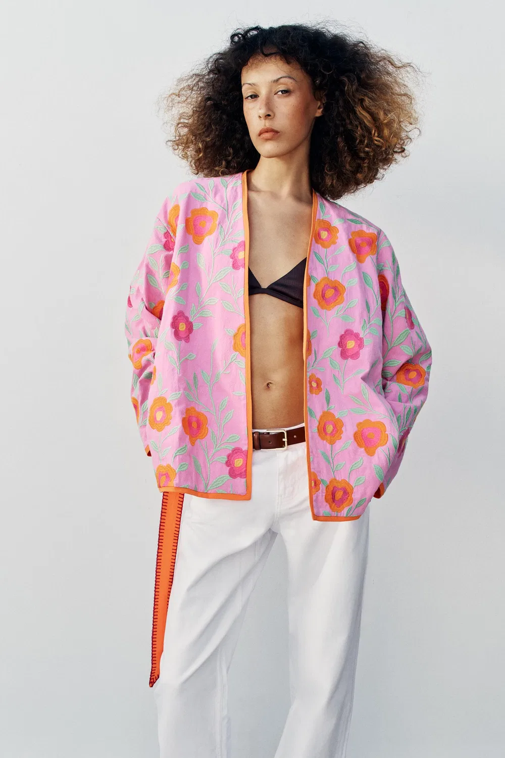 Кимоно с цветочной вышивкой и поясом ZARA, Pink