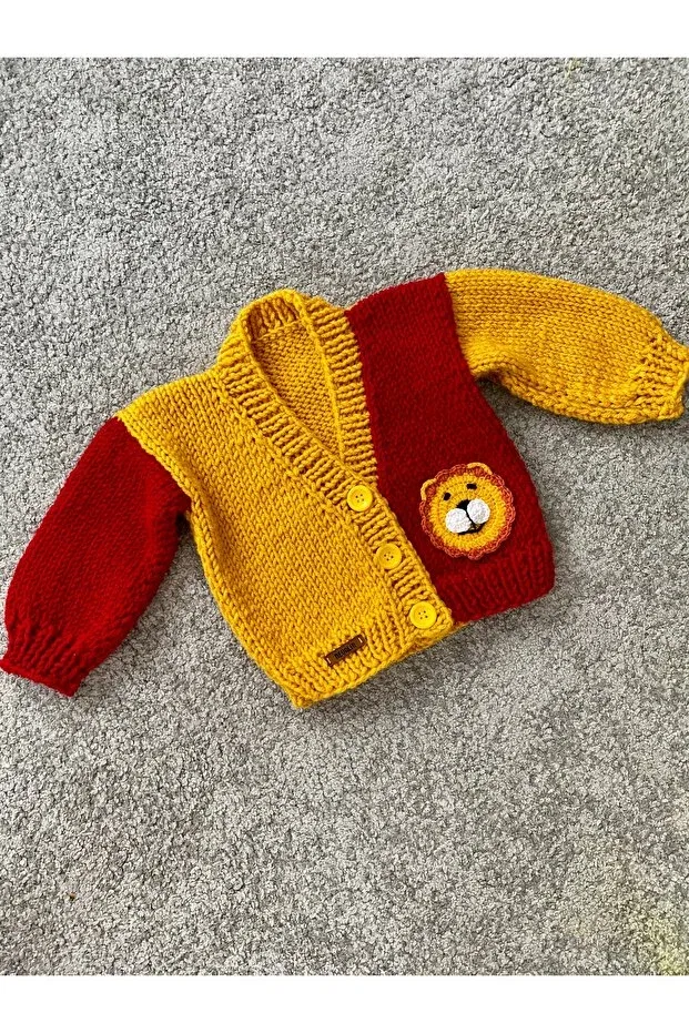 Детский кардиган для мальчиков с принтом Hand Knitted Yellow Red Lion Detailed Nevalin, Yellow-Red — фото 4