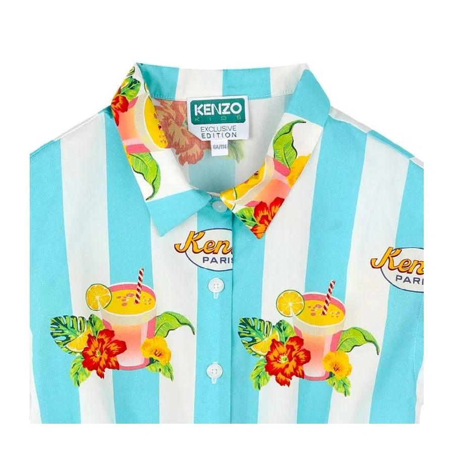 Платье для девочек с полосатым принтом и цветочным узором Girls Stripe Pattern Floral Dress Kenzo, Ivory — фото 3