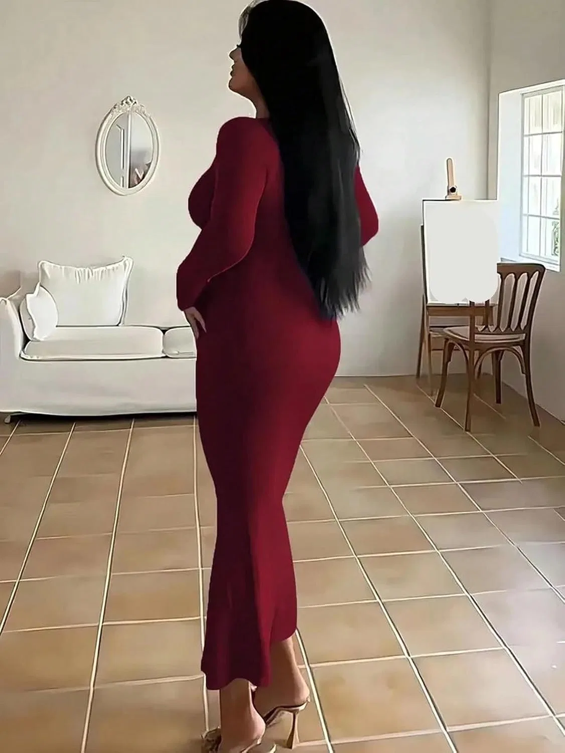 Женское облегающее платье с длинным рукавом Bodycon, Burgundy — фото 2