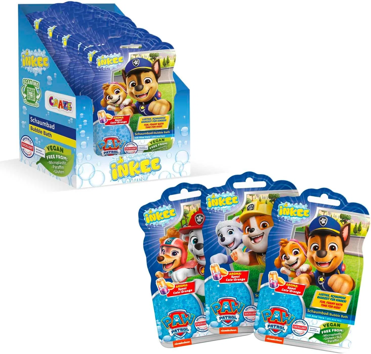 Детская пена для ванн Paw Patrol с алоэ вера и ароматом Spezi Cola Orange, 15 x 40 г, Blue Inkee