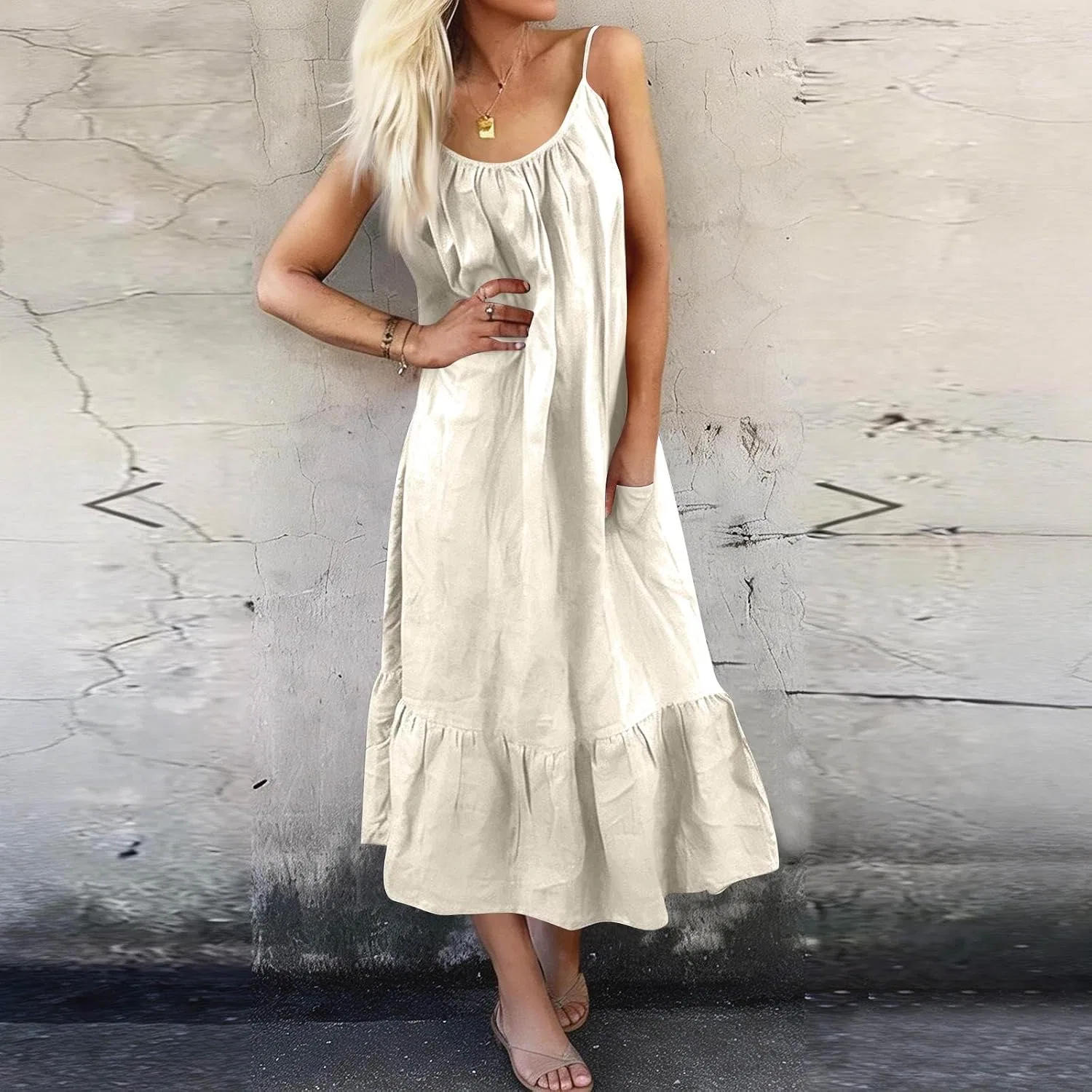 Женское летнее платье-трапеция с рюшами, Summer Dress, бежевый — фото 2