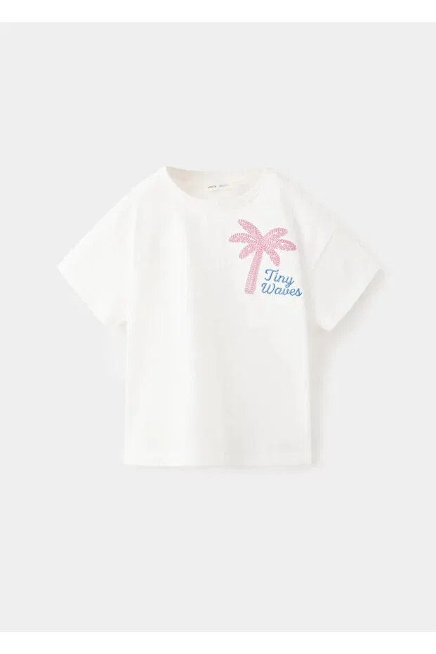 Детское для девочек хлопковое платье-футболка Mango Baby, Off White — фото 2