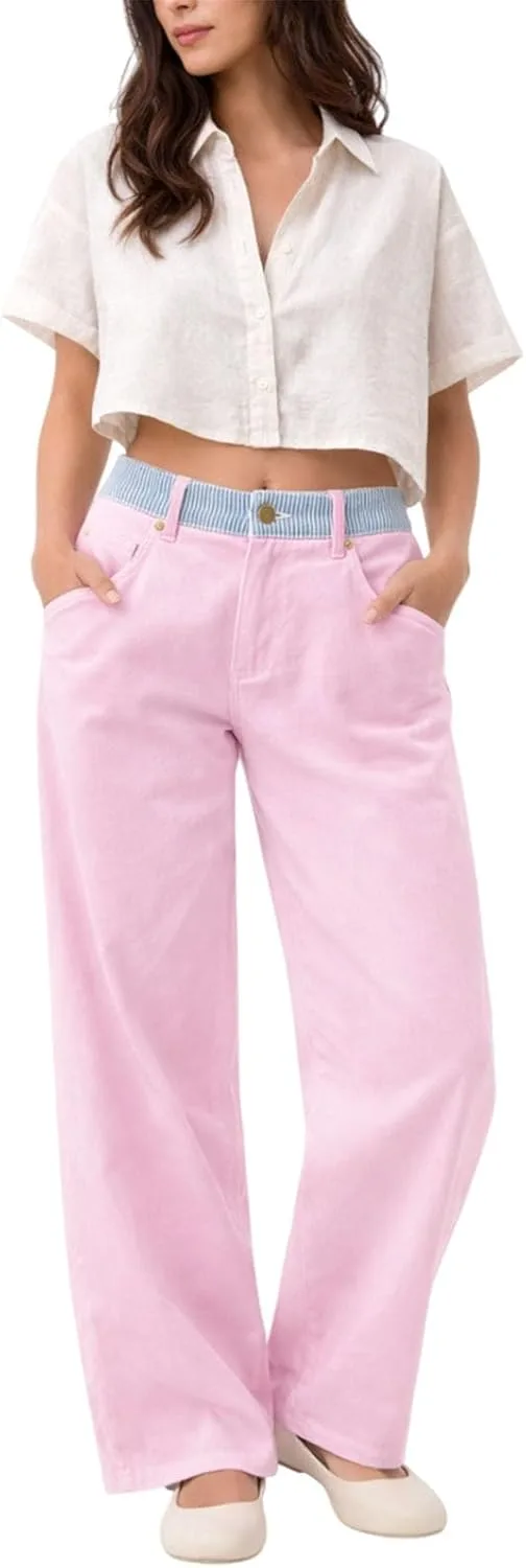 

Женские джинсы с регулируемой талией и широкими штанинами, высокий пояс, прямой крой Ymbolf