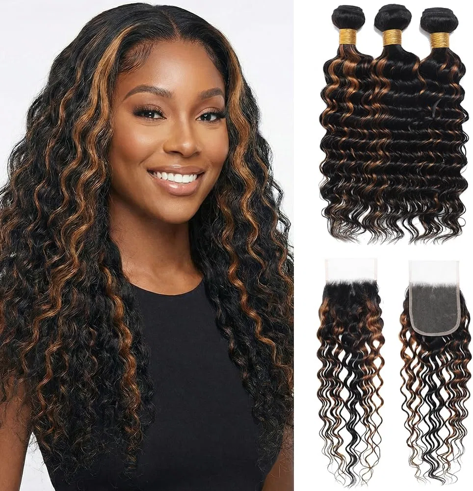 Хайлайтер Ombre Deep Wave Bundle с закрытием 4x4 HD Lace из натуральных волос Tendersse P1b/30 3 пачки 14 16 18+12 дюймов