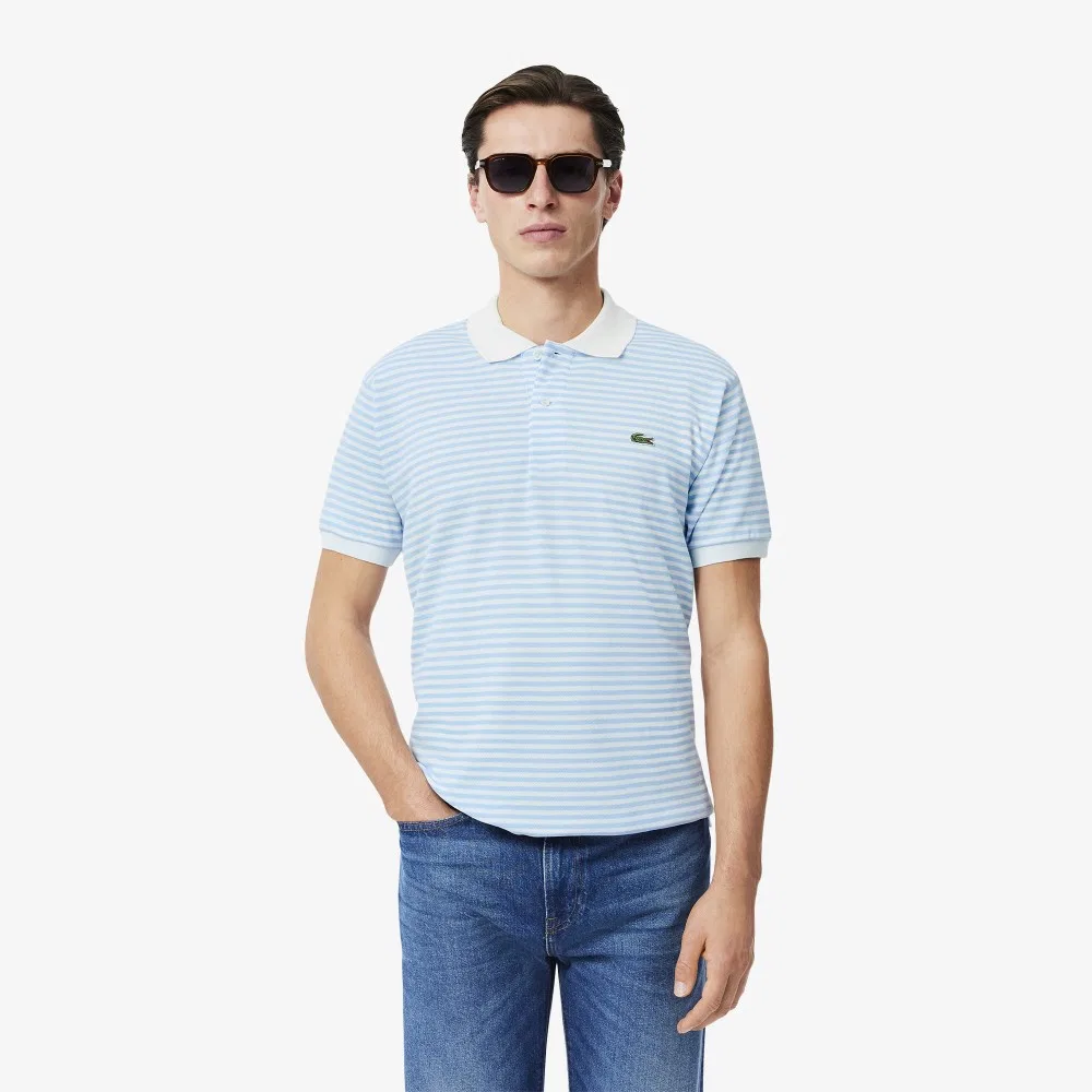 Футболка-поло Lacoste Мужская, классический крой, голубой полоска, хлопок