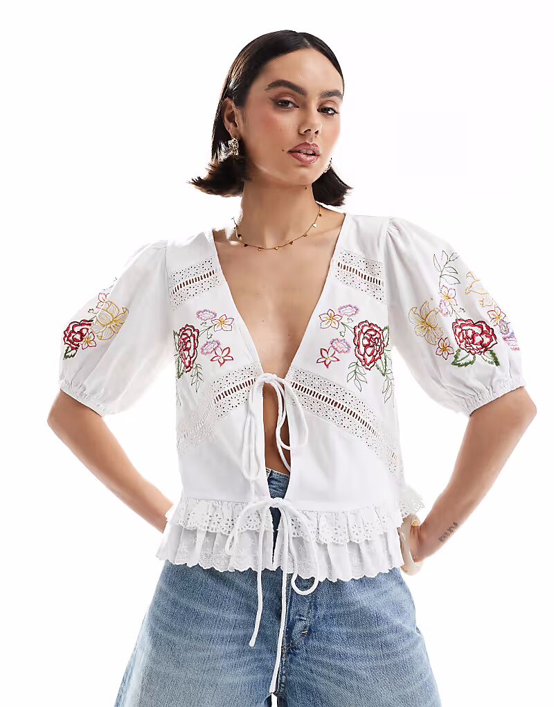 

Топ ASOS DESIGN с завязкой спереди и цветочной вышивкой