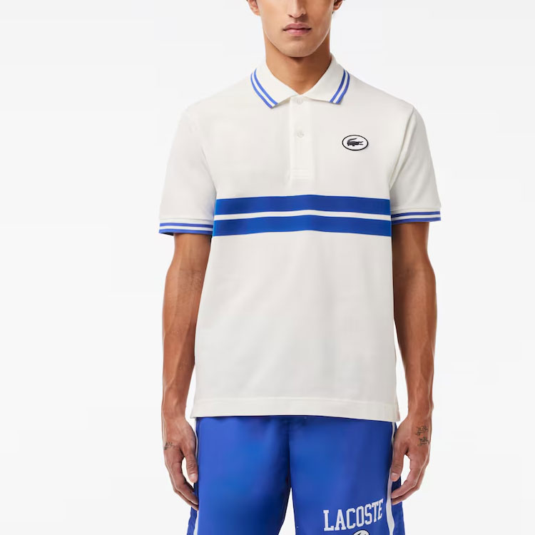 Полосатая поло из органического хлопка LACOSTE, бело-синяя — фото 3
