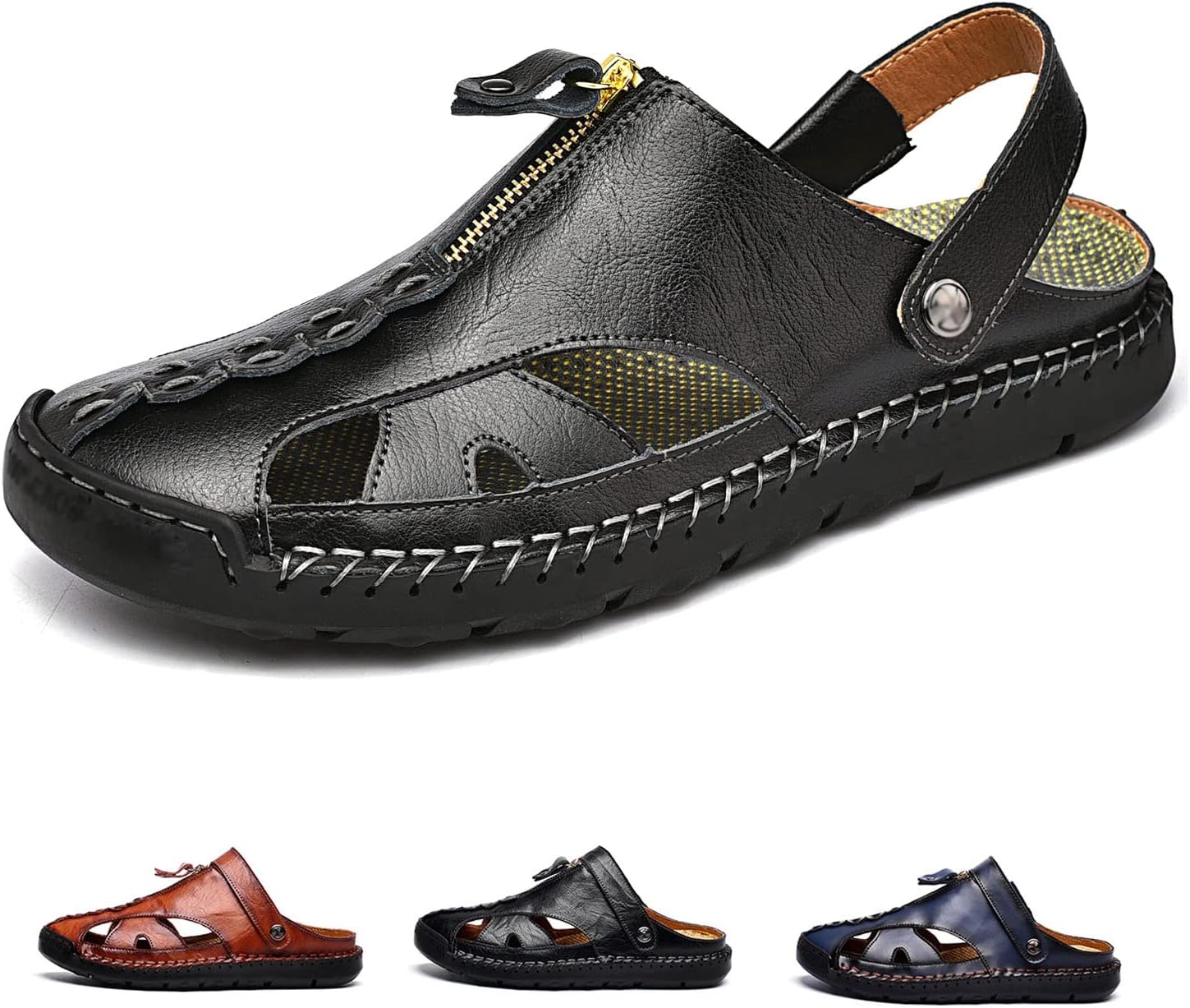 

Мужские закрытые кожаные сандалии DESESE, регулируемые, противоскользящие, для пляжа, летние повседневные сандалии-рыбаки, черный