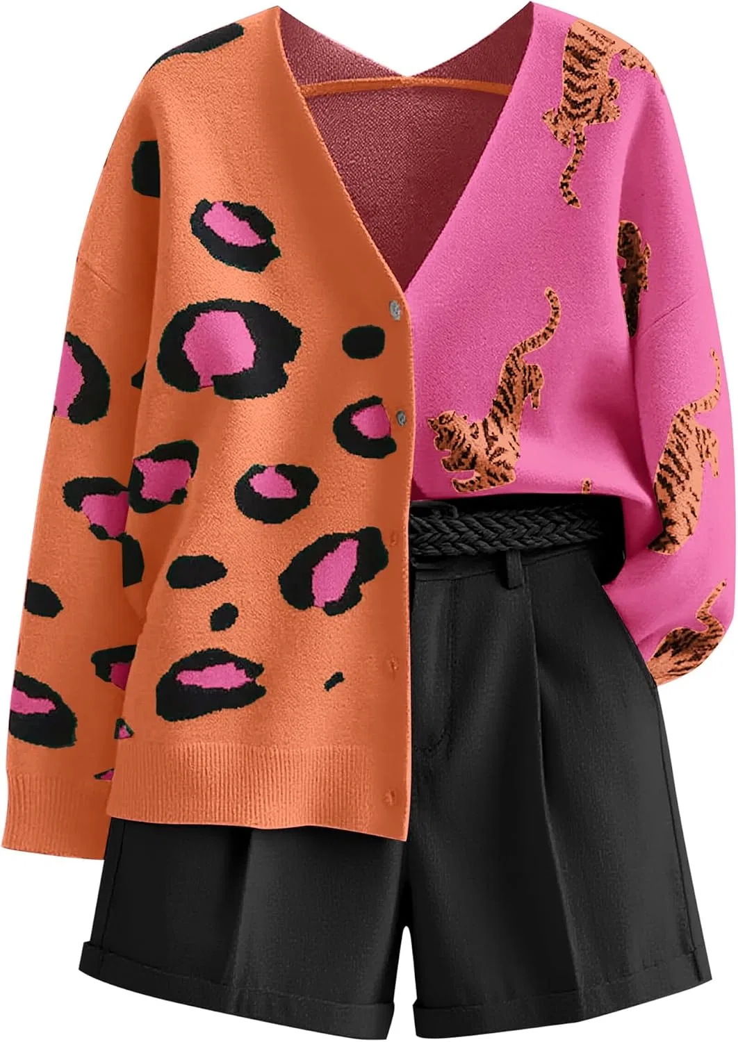 Женский кардиган с принтом леопарда, Long Sleeve Color Block, оранжевый