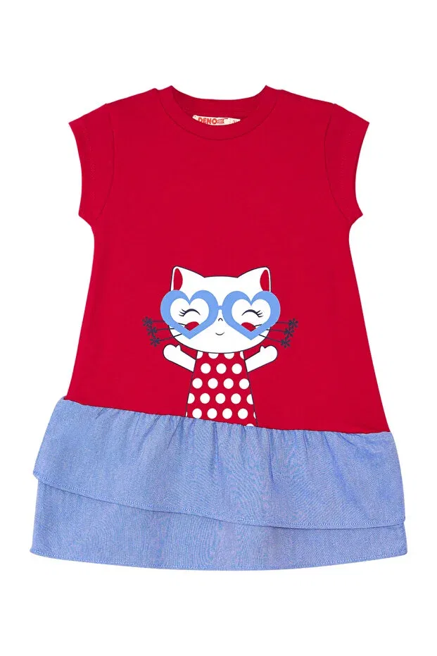 Детское платье для девочек с принтом Red Girl's Summer Dress With Cat Ruffles Denokids, Red — фото 3